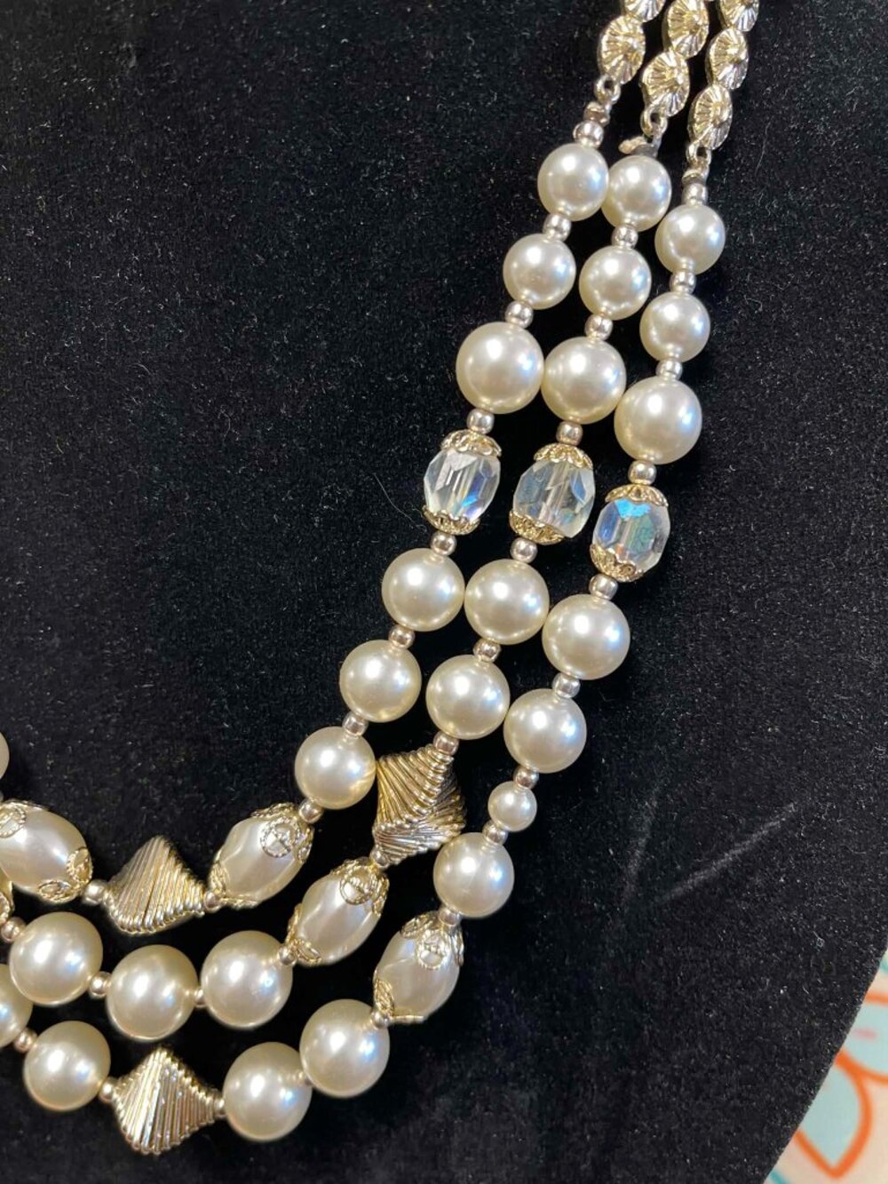 Vintage Gold and Faux Pearl 3 Strand Necklace - Picture 2 of 7